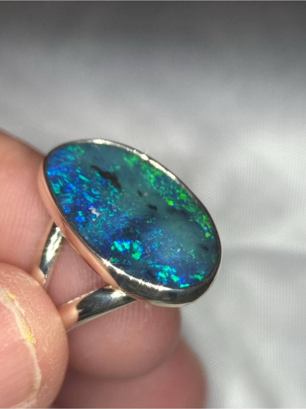 Sterling Silver Blue-Green Opal Oval Ring - Picture 8 of 12